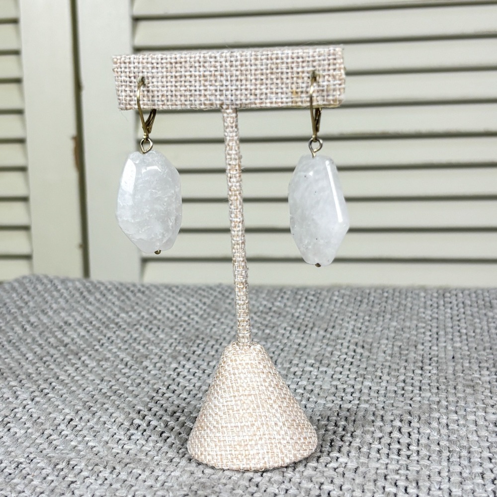 Y2K Sculptural White Stone Drop Earrings Antiqued Brass Leverback Faceted Quartz